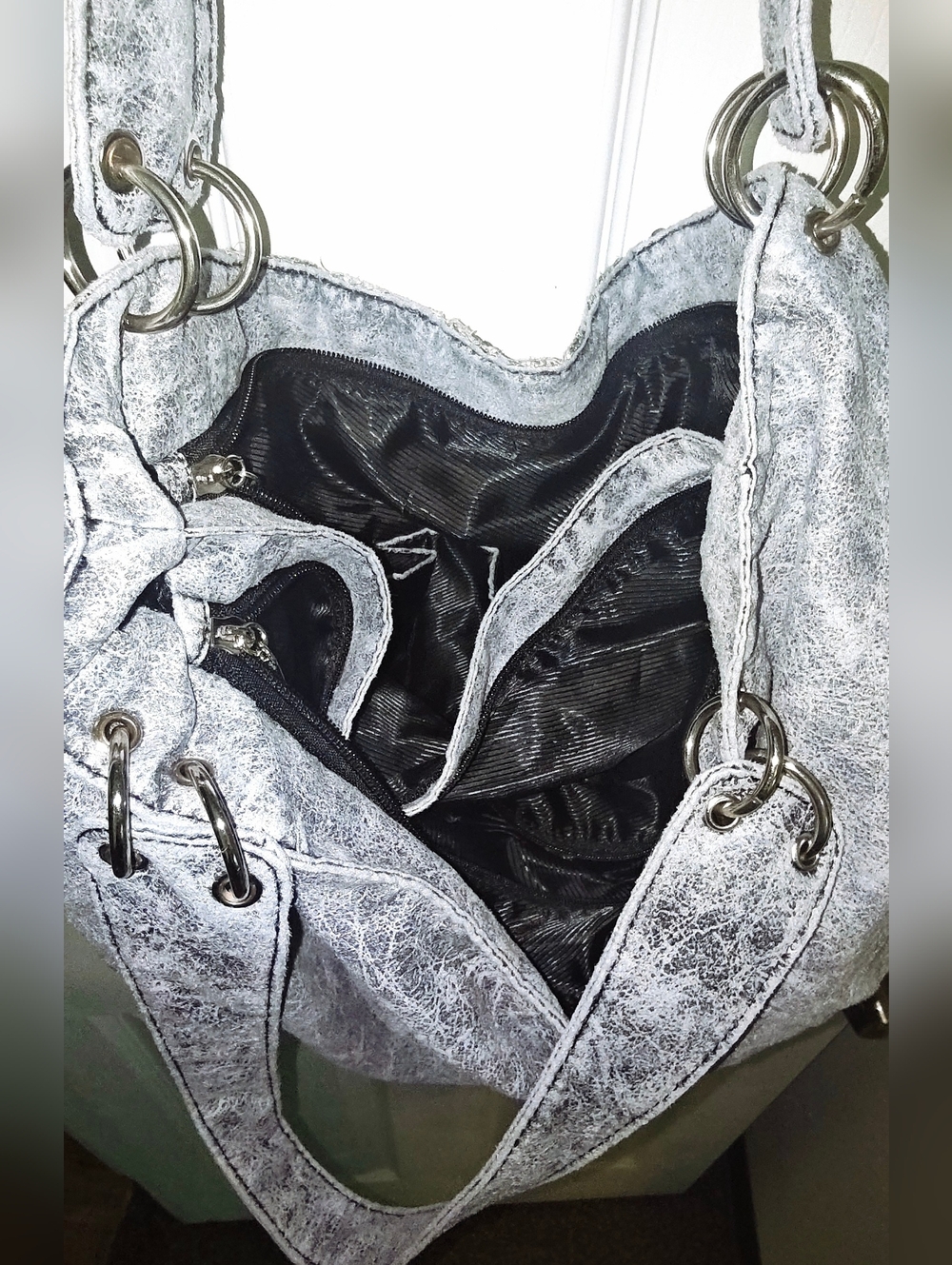 Gray, Black & White Acid Wash Style   Sequin-Embroidered Shoulder Bag - Picture 4 of 6